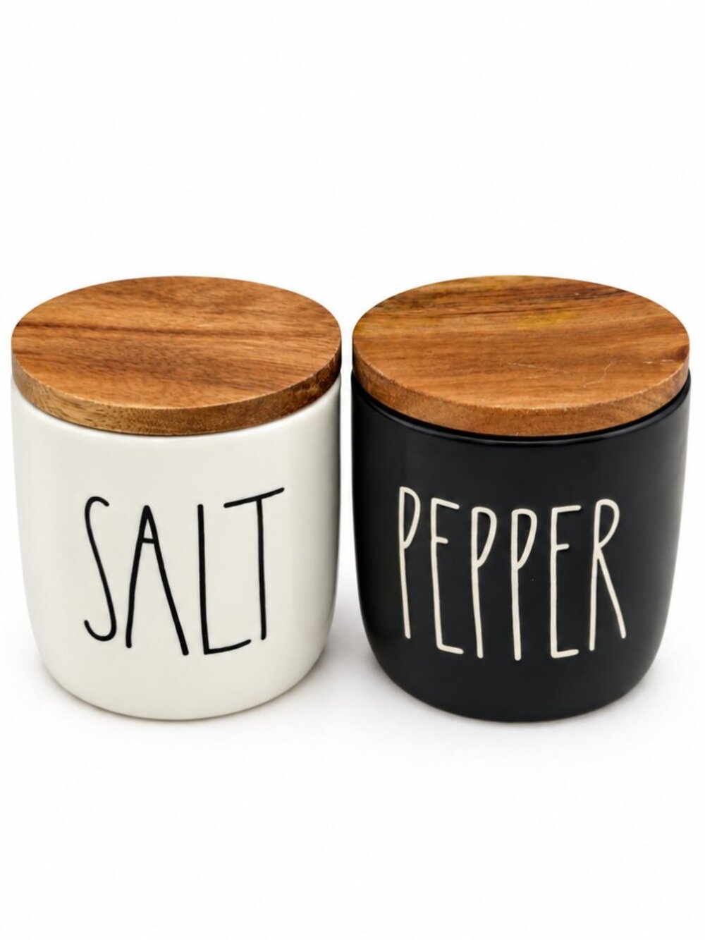 Rae Dunn Salt Pepper Cellars Black White Ceramic Wood Lid Set